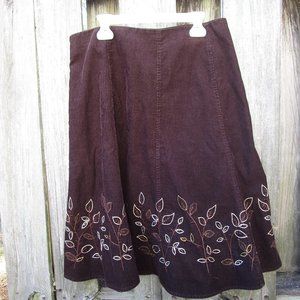 Jones New York Sport Size 14 Brown Corduroy Skirt with Embroidered Leaves